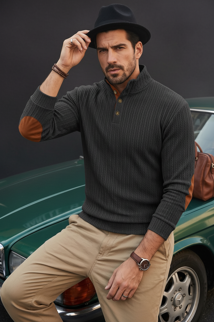 Textured Quarter-Button Pullover — Dark Studio